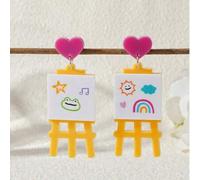 Shein 1 par de pendientes de moda de acrílico ensamblado con diseño divertido de pintura de tablero de rana, corazón, pentagrama y arcoíris de dibujos anima
