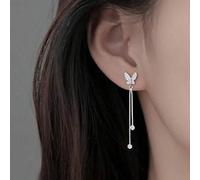 Shein 1 par de pendientes de plata de ley S925 con colgante de mariposa con borla de circonita cúbica, joya exquisita como regalo para mujeres, cumpleaños,