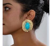 Shein 1 par de pendientes elegantes y retro para mujer con forma oval geométrica texturizada, con perla incrustada en forma de elipse