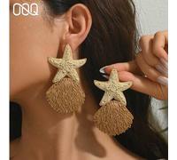 Shein 1 par de pendientes hechos a mano con estrella de mar y concha, serie exagerada del océano con borlas de paja de raffia, adecuados para uso diario, va