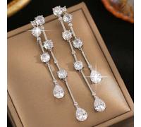 Shein 1 par de pendientes largos colgantes de lujo con borla grande y CZ para mujer, regalo de San Valentín, con circonita cúbica AAA brillante, joyería par