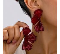 Shein 1 par de pendientes metálicos burdeos con esmalte floral