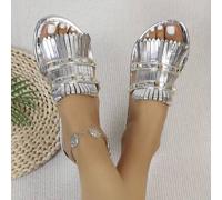 Shein 1 par de sandalias cómodas y versátiles para el verano con tachuelas, flecos y estampado de cocodrilo, ideales para cruzar fronteras