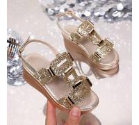 Shein 1 par de sandalias de gladiador de cuero sintético suave con brillo dorado metálico para niñas pequeñas, de punta abierta, suela gruesa, estilo prince