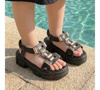 Shein 1 par de sandalias de metal dorado con suela gruesa para niños, último modelo de verano - Estilo cómodo que se puede combinar fácilmente con varios at