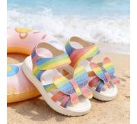 Shein 1 par de sandalias de niña con brillo arcoíris + decoración de mariposa 3D, tela con brillo, antideslizante y transpirable, punta abierta, correa arco