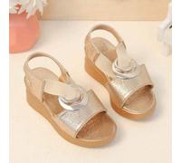 Shein 1 par de sandalias de plataforma de verano para niñas, con diseño de brillo dorado en la parte superior, de estilo slip-on, sandalias infantiles de mo