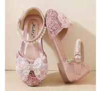 Shein 1 par de sandalias de princesa con punta cerrada y purpurina plateada para niñas, con lazo de corazón de malla + correa trasera con perla, correa tras