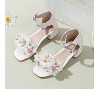 Shein 1 par de sandalias de princesa de tacón bajo con decoración de flores de malla blanca con brillo para niñas, adecuadas para fiestas de cumpleaños, act