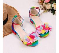 Shein 1 par de sandalias de tacón alto con degradado de flores y arcoíris para niñas, sandalias de festival de arcoíris dulces y de cuento de hadas para niñ