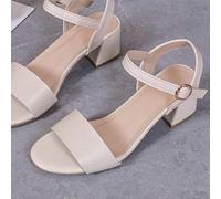 Shein 1 par de sandalias de tacón alto de moda para niñas de talla grande, de unicolor con remiendo, correa con hebilla, punta abierta, tacón robusto, combi