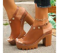 Shein 1 par de sandalias de tacón alto para mujer con plataforma, tacón grueso, decoración de metal, unicolor, estilo retro hot girl, sandalias de tacón alt