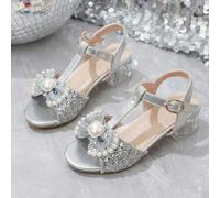 Shein 1 par de sandalias de tacón grueso con cristales soñadores para niñas, punta redonda y abierta, tacones altos de estilo princesa plateados con brillo