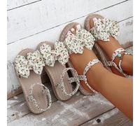 Shein 1 par de sandalias planas con lazo tejido para niñas, material de gasa de calidad suave y transpirable, estilo bohemio de vacaciones, diseño a juego m
