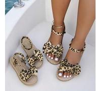 Shein 1 par de sandalias planas de paja con lazo y estampado de leopardo para niñas, de material de gasa de calidad, suave y cómodo, estilo bohemio, diseño