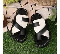 Shein 1 par de sandalias planas negras para niñas pequeñas, tipo chanclas con herraje entre los dedos de PU, de puntera redonda, antideslizantes, de estilo
