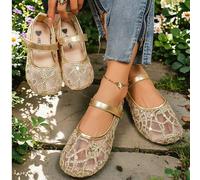 Shein 1 par de zapatos de baile de malla con bordado dorado para niñas, estilo a juego madre-hija, suela blanda, slip-on, moda cómoda y linda, estilo prince