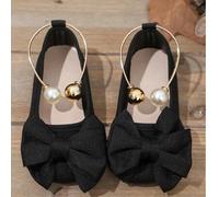 Shein 1 par de zapatos de ballet negros para niñas, de terciopelo suave y PU, con gran lazo y decoración de perlas, de estilo slip-on, punta redonda, diseño