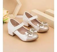 Shein 1 par de zapatos de tacón alto de unicolor elegantes para mujer, con decoración de punta dorada, acento de lazo brillante, plantilla de masaje cómoda,