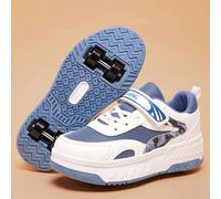 Shein 1 par de zapatos deportivos con ruedas para niños y niñas, de moda casual y versátiles, con diseño de parches de punto, colores contrastantes, y letra