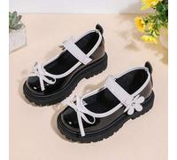 Shein 1 par de zapatos Mary Jane para niñas, acabado de espejo de piel sintética, decoración de flores, punta redonda, suela con plataforma, cómodos y casua