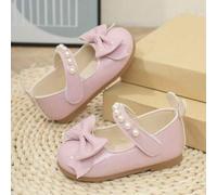 Shein 1 par de zapatos Mary Jane para niñas de cuero sintético PU rosa con efecto espejo, decoración de lazo con perlas, diseño ajustable de gancho y bucle,