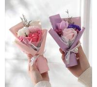 Shein 1 pieza 18*12*3cm Ramo de rosas artificiales con bolsa de tote - Ramo de tres rosas falsas rosadas y gipsófila artificial y claveles falsos, decoració