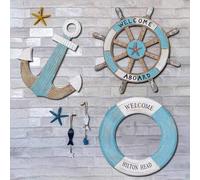 Shein 1 pieza/2 piezas/3 piezas Kit de decoración de pared náutica - Ancla de madera, timón y salvavidas con sello "Bienvenido a Bordo" y "Cabeza", decoraci