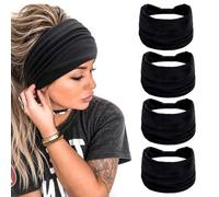 Shein 1 PIEZA/2 PIEZAS/4 PIEZAS Diademas de turbante extra anchas de color negro sólido para mujer, tela suave y elástica antideslizante que absorbe el sudo
