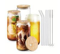 Shein 1 pieza/2 piezas/4 piezas Vasos de cristal transparente para refresco de 400ml/550ml con pajita y tapa, vasos para bebidas DIY
