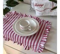 Shein 1 pieza/2 piezas/6 piezas Mantel individual con estilo coreano a rayas, mantel a cuadros de princesa con borde de volantes, lindo tapete aislante para