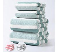 Shein 1 pieza/2 piezas/8 piezas Conjunto de baño minimalista de franela coral de rayas anchas, suave y absorbente, sin pelusa (ligero y delgado), regalo con