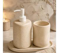 Shein 1 pieza/2 piezas Decoración de baño estilo Wabi Sabi Ins con textura de travertino de resina, dispensador de jabón líquido y portacepillo de dientes,