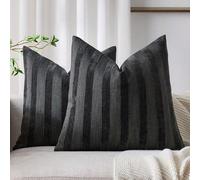 Shein 1 pieza/2 piezas Funda de cojín decorativo a rayas 3D en color negro carbón (sin incluir el relleno), funda de cojín decorativa de chenilla suave con
