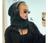 Shein 1 pieza/2 piezas Gorro de pasamontañas negro para mujer con cordón y cuello desmontable, cuello de lana para el invierno, máscara de esquí, cobertor d