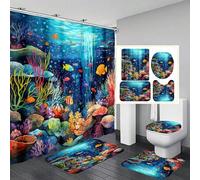 Shein 1 pieza/4 piezas Cortina de ducha decorativa multifuncional impermeable con diseño del mundo submarino y criaturas marinas con 12 ganchos, alfombra de