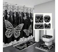 Shein 1 pieza/4 piezas Juego de baño con diseño de mariposa de cristal brillante, incluye cortina de ducha de poliéster resistente al agua (con 12 ganchos),