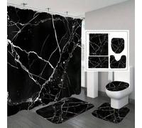 Shein 1 pieza/4 piezas Juego de baño con patrón de textura de mármol negro, Cortinas de baño, Cortina de ducha de poliéster con estampado digital, Cortina d