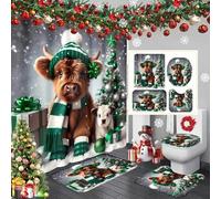 Shein 1 pieza/4 piezas Juego de baño con tema navideño: Patrón lindo de ternero y paisaje nevado, escenario invernal rústico, agrega atmósfera festiva, cort