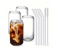 Shein 1 pieza/4 piezas Vaso de vidrio transparente de 400ml/550ml para cola con pajita, sin tapa, vaso DIY