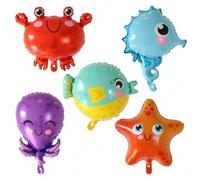Shein 1 pieza/5 piezas Globos de aluminio con diseños de animales marinos de dibujos animados, cangrejo, caballito de mar, pulpo, pez globo, decoraciones re
