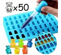 Shein 1 pieza 50 Grids Gominola Molde de oso Silicone Lindo Oso Jelly Mould con gotero Dulce Chocolateantant Mo's DIY Herramientas de decoración para hornea