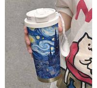 Shein 1 pieza, 530ml Taza de viaje aislada al vacío de doble pared de acero inoxidable con diseño de La Noche Estrellada de Van Gogh, con asa y pajita, dise
