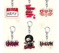 Shein 1 pieza/6 piezas Llavero acrílico ARMY, colgante con tema de apoyo de fans en rojo y negro, "HOLA MI NOMBRE ES A.R.M.Y.", "¿Cuál es tu canción de amor