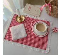 Shein 1 pieza/6 piezas Tapetes individuales con borde de encaje a cuadros rojos pequeños, mantel decorativo, fondo fotográfico, servilleta