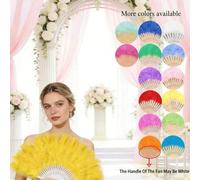 Shein 1 pieza Abanico de plumas para mujer, abanico de plumas de marabú bordado, abanico de plumas plegable de estilo vintage, abanico de plumas de pavo, ab