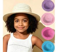 Shein 1 pieza Accesorio esencial para vacaciones en la playa para niñas: Sombrero de paja de ala ancha, opciones de multicolor + correa anti-caída, elegante