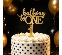 Shein 1 pieza Adorno de pastel de cumpleaños dorado "A mitad de camino al primer año", adorno de pastel conmemorativo para bebé de 6 meses, adecuado para la