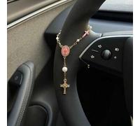 Shein 1 pieza Adorno de rosario con cruz y perla rosa para volante, accesorio de rosario colgante para auto, decoración de auto de moda única