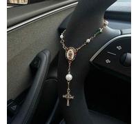 Shein 1 pieza Adorno de rosario de volante de dirección con cruz y perlas de colores | Colgante de rosario para coche | Decoración para coche | Colgante par